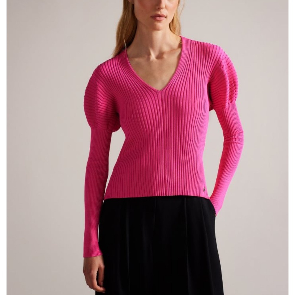 Ted Baker Ivery Ribbed Puff Sleeve Sweater in Deep Pink Size 2 Medium